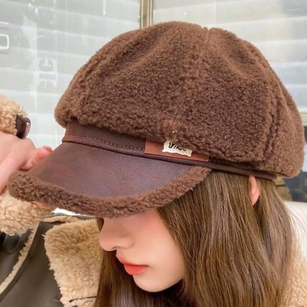 Bérets Mode Chapeau à bord court Femmes Coupe-vent Octogonal pour Casual Ultra-épais Peluche Laine Hiver Accessoire Automne