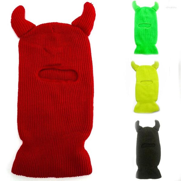 Boinas Moda Sombrero de un solo agujero Halloween Cuerno de buey de punto Cubierta de cara completa Gorro Esquí Ciclismo Máscara Pasamontañas A prueba de viento Cálido Jersey Tapas