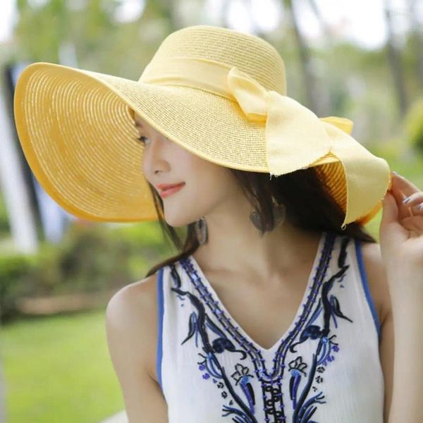 Bérets Mode Chapeau De Paille Lavable Femmes Doux Pliant Ruban Bowknot Casquette D'été Résistant Au Soleil