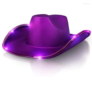 Bérets Mode Vintage Cowboy Chapeau Grand Bord Chapeaux Fedora Feutre Jazz Accessoire Avec Lumière LED