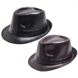 Bérets Mode Vintage Chapeau Gentleman Classique Fedora PU Cuir Jazz Cap Avec Large Bord Pour Hommes Femmes Dîner Fête