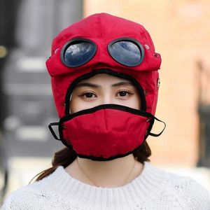 Boinas de moda gorro cálido de invierno para hombres, sombreros de diseño Original para mujeres y niños, gorro impermeable con capucha con gafas, boinas para cubrir la cara