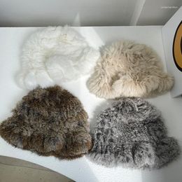 Bérets Fashion Warm Fur Bucket Hat Femme Fisherman Winter Cap tricot Tête réglable