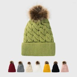 Beretten mode warm gebreide muts hoeden herfst winter grote faux bont pom bobble hoed voor vrouw haak