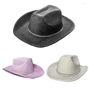 Bérets Fashion Western Type Felt Cowboy Hat Sequins Sequins Brim Cowgirl Dropship