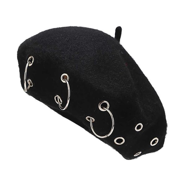 Bérets Mode Hiver Bérets Pour Femmes Fille Punk Rock Style Fer Anneaux Béret Caps Rétro Laine Chapeaux Noir Laine Peintre Caps Z0613