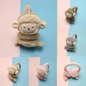 Bérets Mode hiver dessin animé singe chaud cache-oreilles en peluche épais doux couverture d'oreille pour enfants Kawaii bandeau oreillette fournitures de plein airBérets Elob22