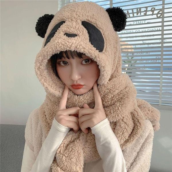 Boinas Moda Invierno Panda Cálido Felpa Sombrero Bufanda Guantes Conjunto Mujeres Gorras Gorros