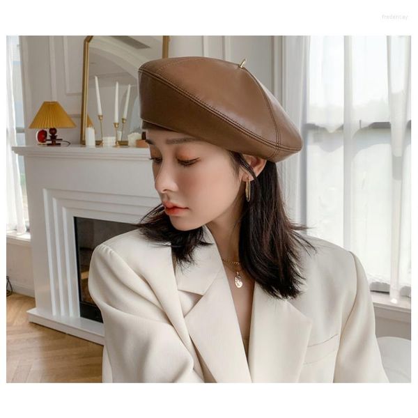 Bérets mode femmes béret chapeau Vintage rouge chapeaux Top qualité en cuir véritable en peau de mouton solide jaune noir automne hiver