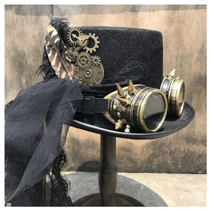 Bérets Mode Femmes À La Main Steampunk Chapeau Haut-de-Forme Avec Lunettes De Vitesse Et Scène De Dentelle Magique Taille De Fête 57CM