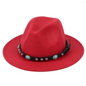 Berets Fashion Women Men Men unisex Classic Wool Blend Fedora Hat Belt Buckle BRIM CAP Zwart Rood Gray Pink