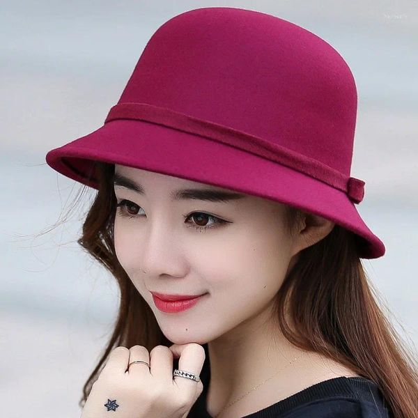 Bérets Mode Femmes Chaud Laine Feutre Fedora Bow-noeud Chapeau Vintage Large Bord Automne Hiver Noble Élégant Parti Coton Seau Caps