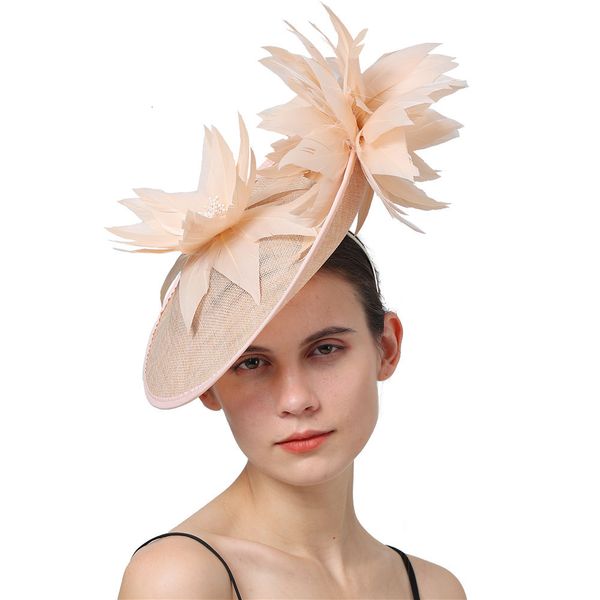 Bérets Mode Femmes Sinamay Fascinator Femme Cocktail Party Grand Chapeau De Mariage Église Plume Fleur Derby Chapeau Cap Cheveux Clip 230112