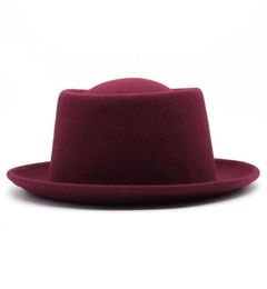 Boinas Moda Color Sólido 100 Lana Fieltro Pork Pie Hat para Mujeres Hombres Borde Curvado Sombreros de Lana Triturables Fedora9743082