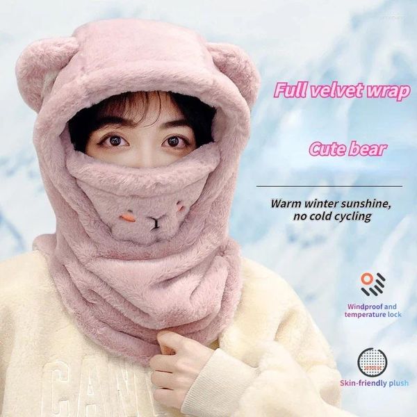 Bérets à la mode hiver mignon enfants dessin animé écharpe chapeau en peluche masque et cou intégré double couche de laine chaude garçons filles