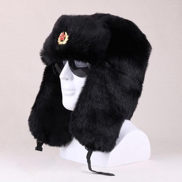 Bérets fausse fourrure hommes Ushanka russe hiver Bomber chapeaux avec Badge moelleux oreille rabat pleine capuche esquimau pêche trappeur casquette