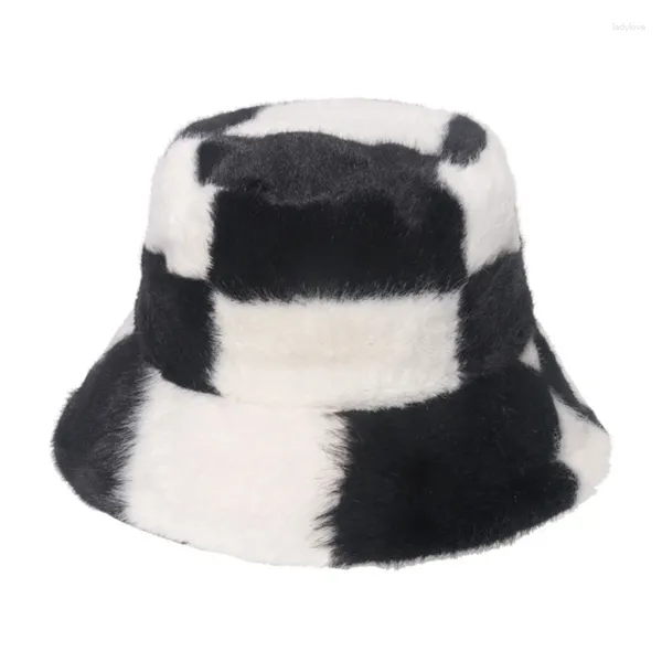 Bérets fausse fourrure Soft Plush chapeau large bord noir blanc grand pêcheur
