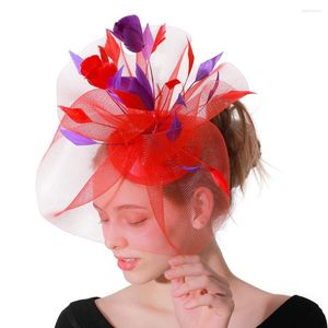 Bérets Plumes Épingles À Cheveux Cocktail Chapeau Fascinators Base Rouge Et Violet Bandeaux De Fête De Mariage Français Maille Voile Cheveux Cerceau Ornements Mariée