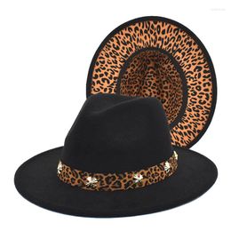 Boinas Fedora Sombrero de mujer Color de doble cara Cadena a juego Estampado de leopardo Lana Jazz Otoño Invierno Moda Hombres Big Brim