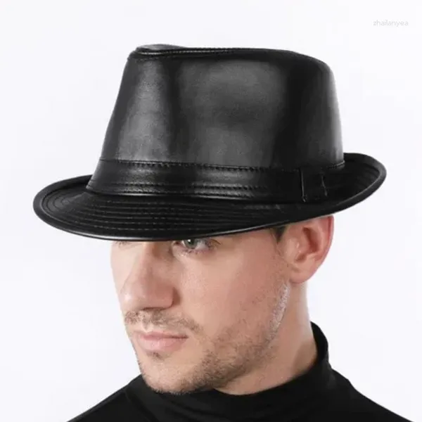 Bérets Fedora chapeaux unisexe chapeau en cuir PU casquettes réglables Trilby Fedoras à bord court Gentleman noir café Panama souffleur