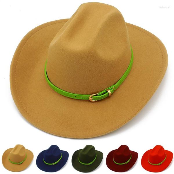 Bérets Fedora chapeaux femmes hommes Trilby casquettes laine Fedoras Cowboy Jazz chapeau dame casquette feutre souffleur vert ceinture en cuir