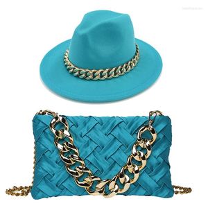 Bérets Fedoras Chapeau Ensemble Deux Pièces Pour Femmes Surdimensionné Chaîne Accessoire Sac Mode Luxe Dames Lac Bleu Large Bord