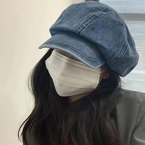 Bérets femme Cowboy béret peintre chapeau japonais Style littéraire Denim bleu mince octogonal été rétro décontracté Sboy casquette