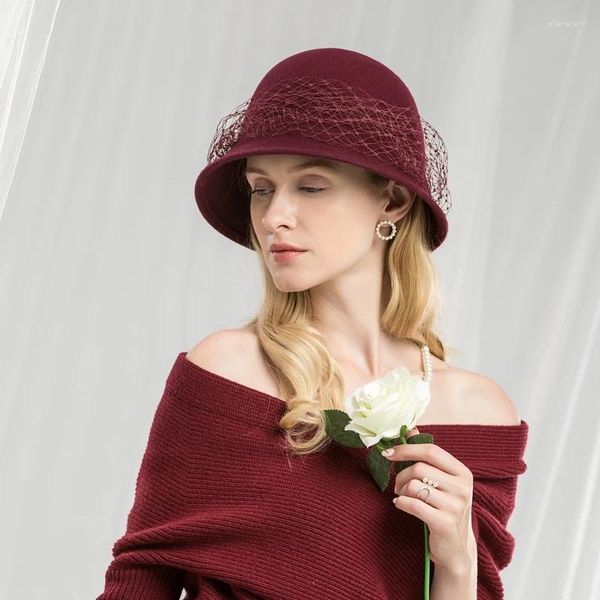 Bérets femme laine Fedora casquette angleterre Vintage femmes feutre français dôme chapeaux os Feminino fête voile chapeau réglable B-8777