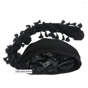 Bérets Chapeau Bandana Flexible Style Hop Élastique Chapeaux Turban En Coton Noir Avec Garniture De Bavure Frange De Queue Torsadée Pour Hommes Uniques