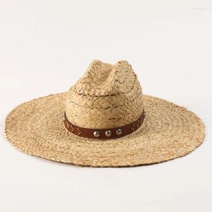 Beretten floppy brede riem hoed voor vrouwen heren Panama raffia zomerpakkable boho unieke band Sun Party Travel Beach