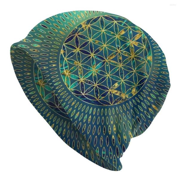 Bérets fleur de vie marbre et or bonnets casquettes pour hommes femmes unisexe mode hiver chaud tricot chapeau adulte Mandala Bonnet chapeaux