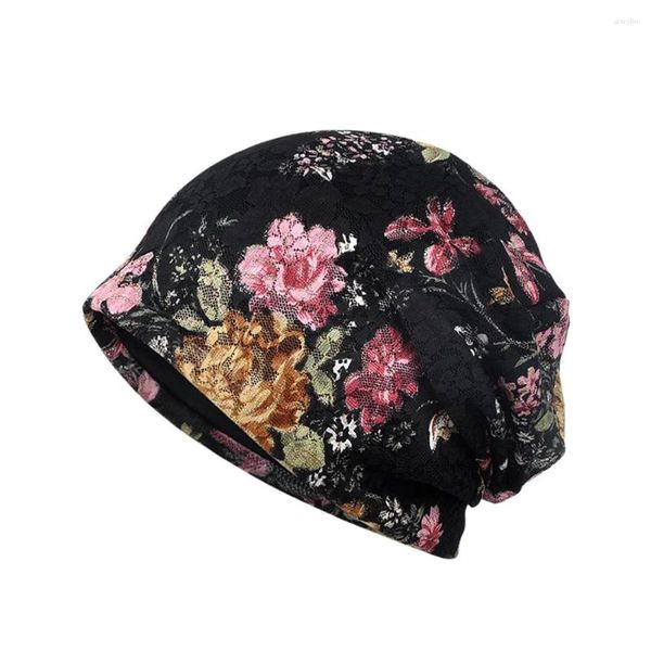 Bérets chapeau imprimé fleur coton casquette de gommage réglable chimio pour (noir)