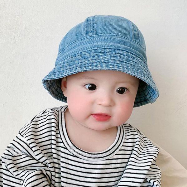 Bérets pliable bébé Denim seau chapeau Vintage enfants Protection solaire casquettes été pêcheur coupe-vent sangle garçons filles parasol