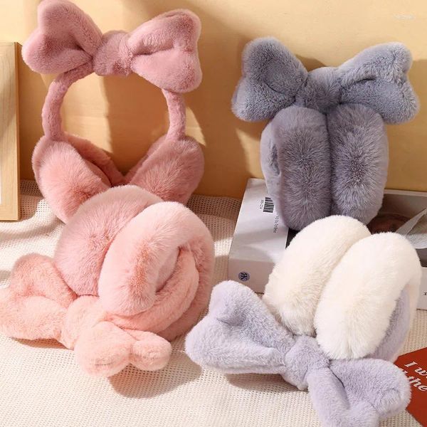 Boinas Orejeras de felpa plegables Kawaii Protección para los oídos A prueba de viento Bowknot Earflap Mantener más caliente Cubierta de invierno Estudiante