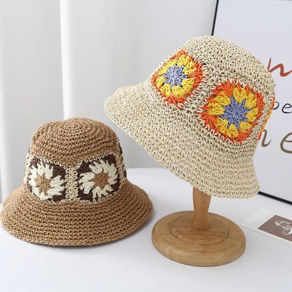 Bérets Pliable Paille Crochet Fleur Chapeau Femmes Été En Plein Air Soleil Seau Vacances Plage Printemps Pêcheur Chapeaux En Gros