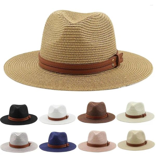 Bérets pliable paille chapeau 56-58 cm groupe en cuir Summer Panama Cap UV Protection Beach Sun Femmes / hommes