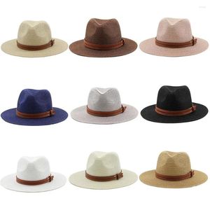 Bérets Chapeau de paille pliable Naturel Été Large Bord Sun Cap Protection UV Bande de cuir Panama Femmes / Hommes