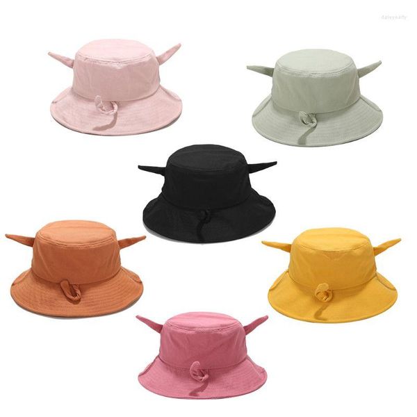 Boinas para creativo Unisex dibujos animados orejas puntiagudas cola de cerdo sombrero de cubo divertido Harajuku Hip Hop Color sólido ala ancha gorra de pescador