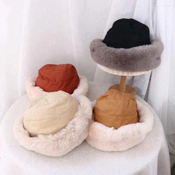 Bérets pour filles, épais, chaud, à Large bord, grand chapeau en laine pour femmes, seau en peluche, bonnets de Style coréen, hiver