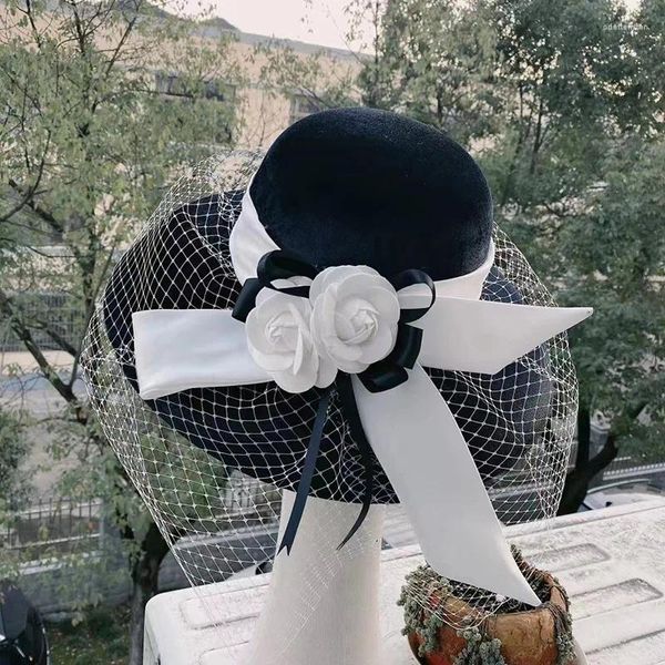 Bérets formel large bord fleur blanche noir Fedora chapeau voile feutre disquette dames mariage mariée fascinateur