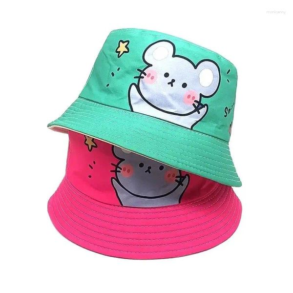 Bérets quatre saisons Polyester dessin animé souris impression seau chapeau en plein air voyage casquette de soleil pour enfant garçon et fille 90