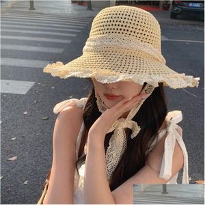 Bérets French en dentelle Chapeaux de seau pour femmes Spring Summer Seaside Vacation Outdoor Sun Protection polyvalente Big Brim Sweet Hat Drop Deli Dht6z