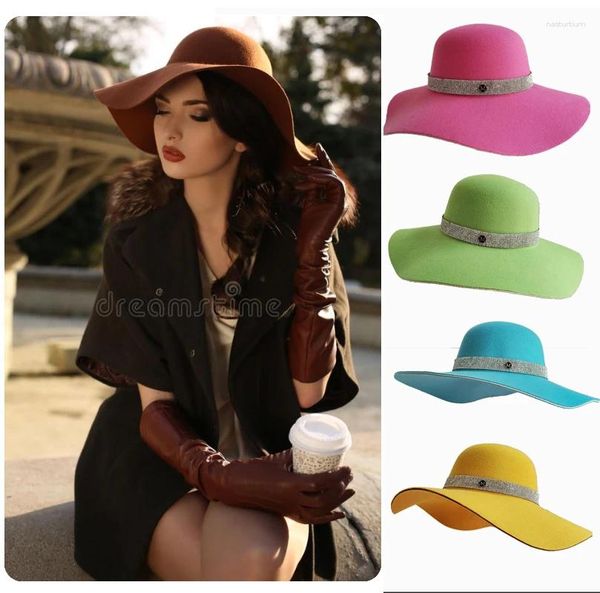 Bérets Français Vintage Femmes Big Brim Coloré Feutre Chapeau Unisexe Fedora Mode Dôme Seau De Mariage En Gros