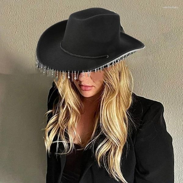 Boinas Sombrero de vaquero con flecos para mujer Festival de música Vaquera Ajustar ala grande Accesorios de juego de rol para fiesta de Halloween