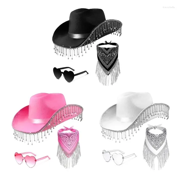 Boinas con flecos Gafas de sol bufanda de gafas de bufanda Set de disfraces Western Cowgirl Musical Festival Dress Up Bachelorette Party Props