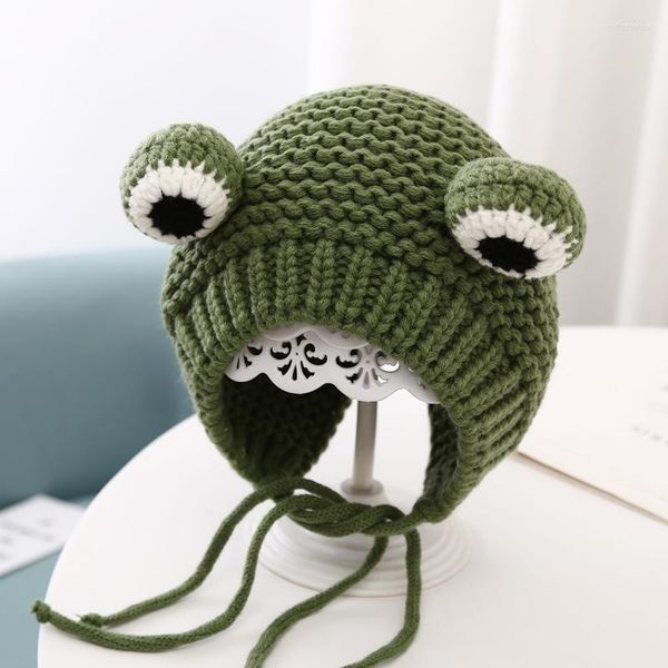 Boinas Gorro De Lana De Punto De Rana Color Sólido Dibujos Animados Bebé Otoño Invierno Protección Para Los Oídos Gorros Divertidos Cubierta Para La Cabeza Cálida Sombrero Para Niños Orejera