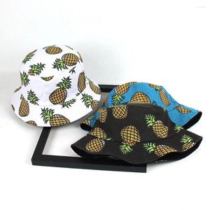 Beretten Fruitpatroon Katoen emmer hoed dubbelzijdige zomer vrouwen vissen zonnebrandcrème buitenkappen ananas ananas visser man cap unisex