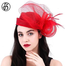 Berets FS Bride Wedding Red Hat Damescocktailparty Charm Charme Sinamay Feather Veil Hoofdtooi Elegant Hat 230512