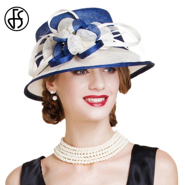 Boinas FS British Blue White Sinamay Sombrero de boda para mujeres Elegante Iglesia Flor de ala ancha Fedoras 2022 Lino Kentucky Derby Hat Lady