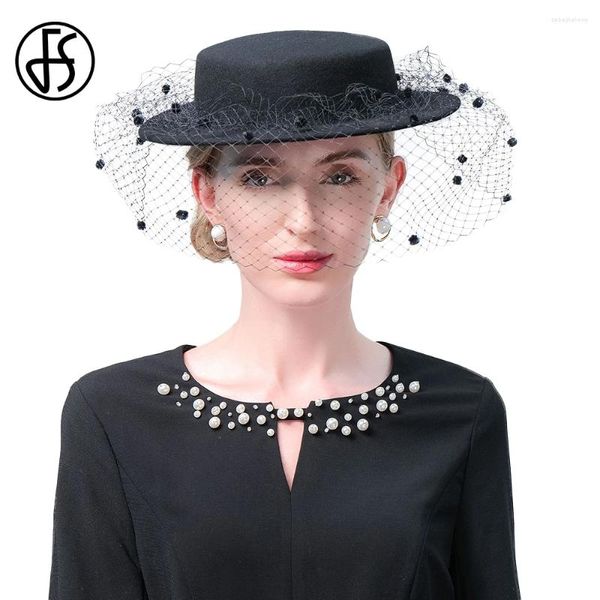 Bérets FS Femelle Vintage Noir Britannique Top Chapeaux Pour Femmes Avec Voile Élégant Casquette Formelle Dames Cocktail Tea Party Millinery 2024